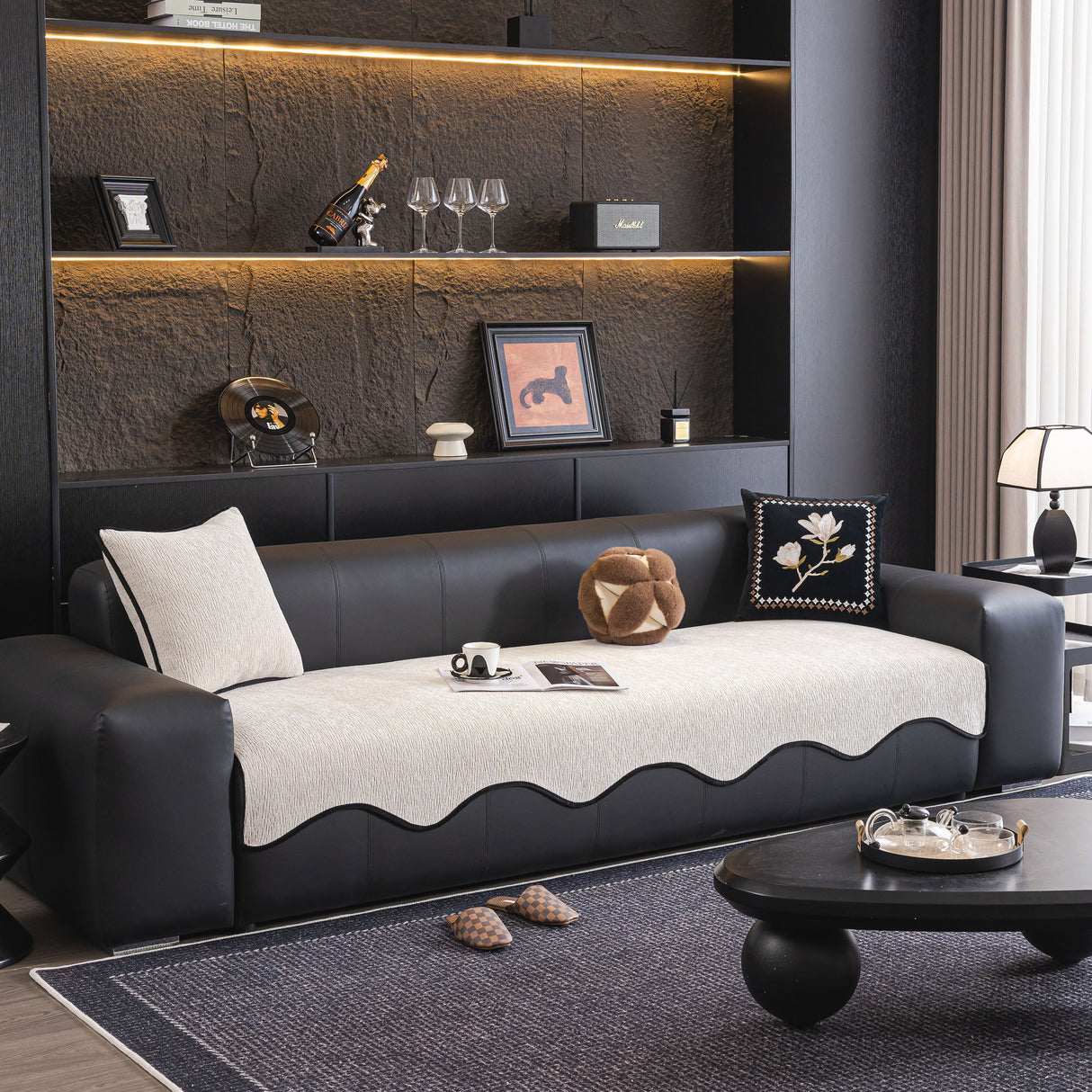 Chenille Couch Cover with Scalloped Edge, Non-Slip Modular Slipcover Sectional