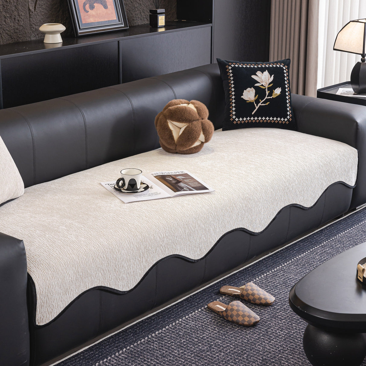 Chenille Couch Cover with Scalloped Edge, Non-Slip Modular Slipcover Sectional