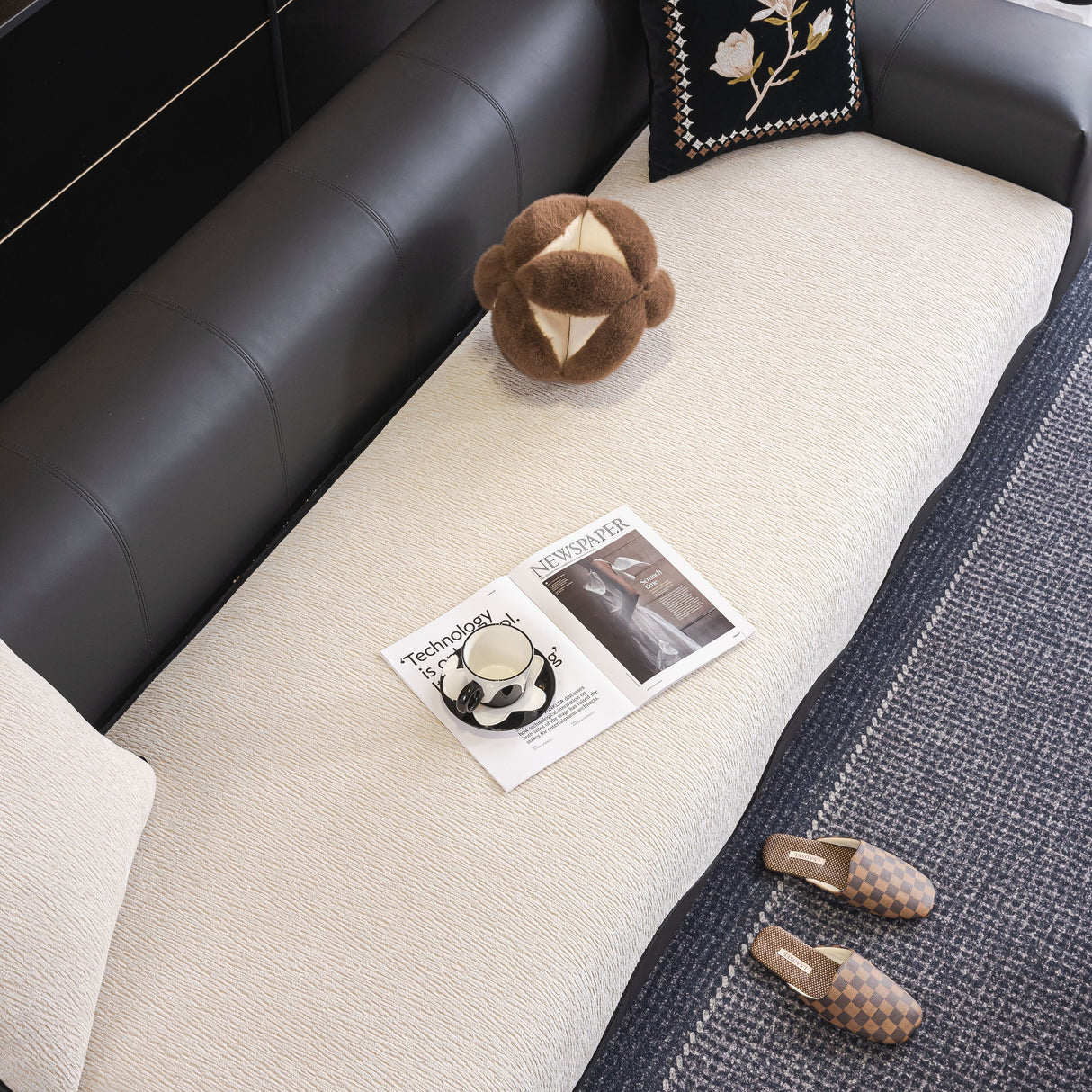 Chenille Couch Cover with Scalloped Edge, Non-Slip Modular Slipcover Sectional