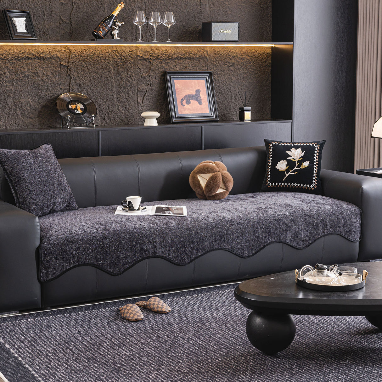 Chenille Couch Cover with Scalloped Edge, Non-Slip Modular Slipcover Sectional