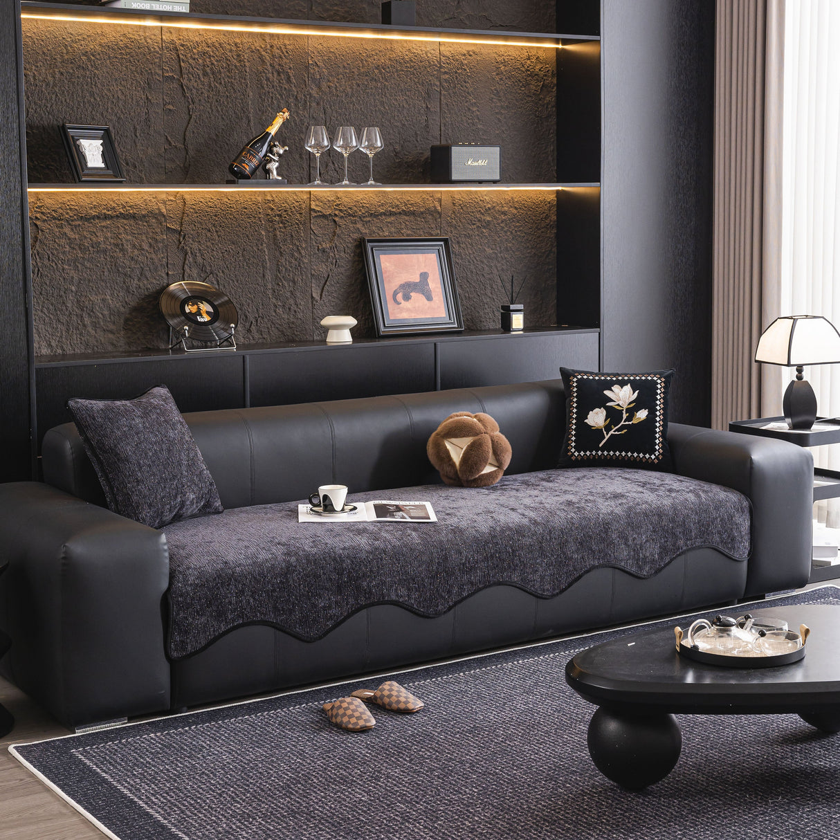 Chenille Couch Cover with Scalloped Edge, Non-Slip Modular Slipcover Sectional