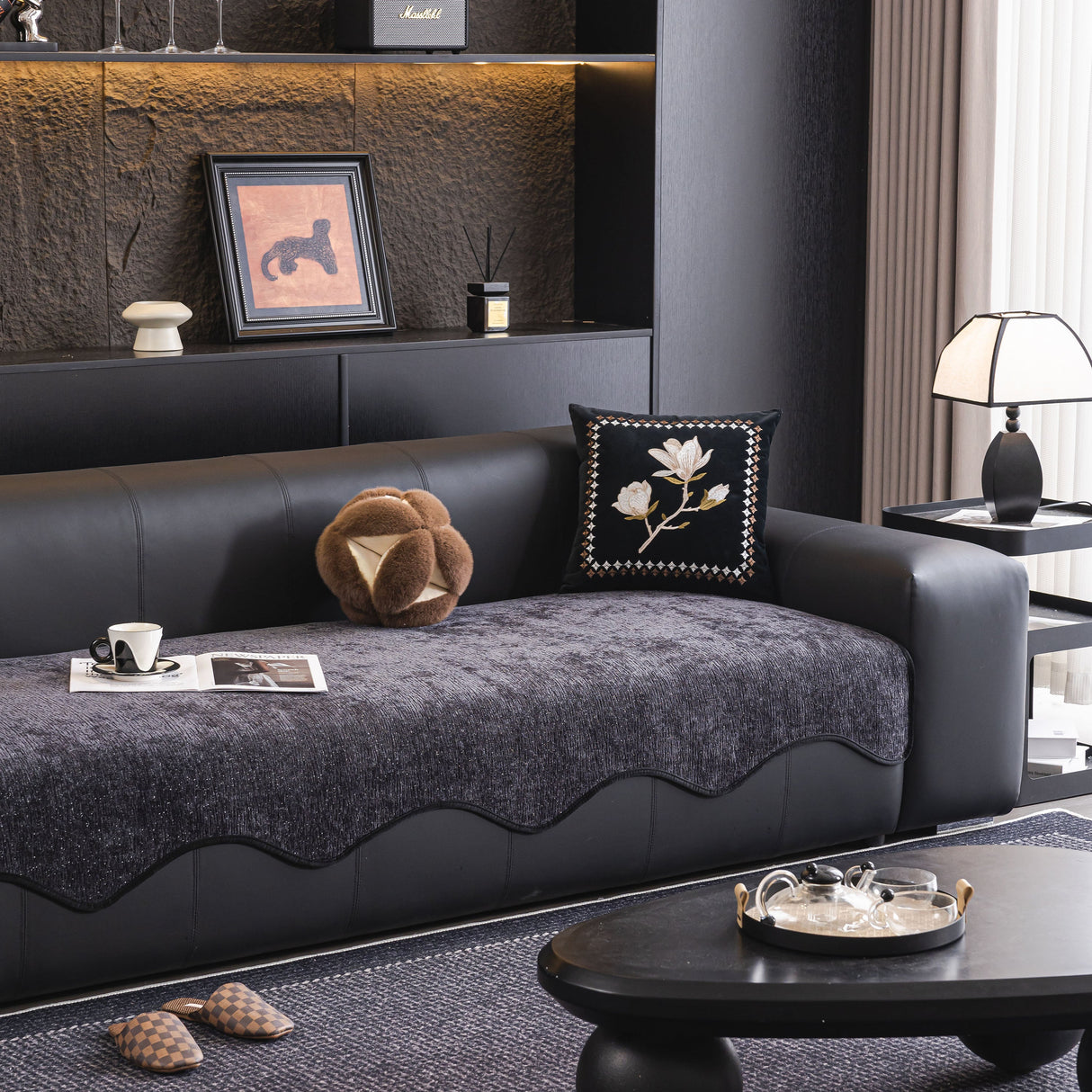 Chenille Couch Cover with Scalloped Edge, Non-Slip Modular Slipcover Sectional