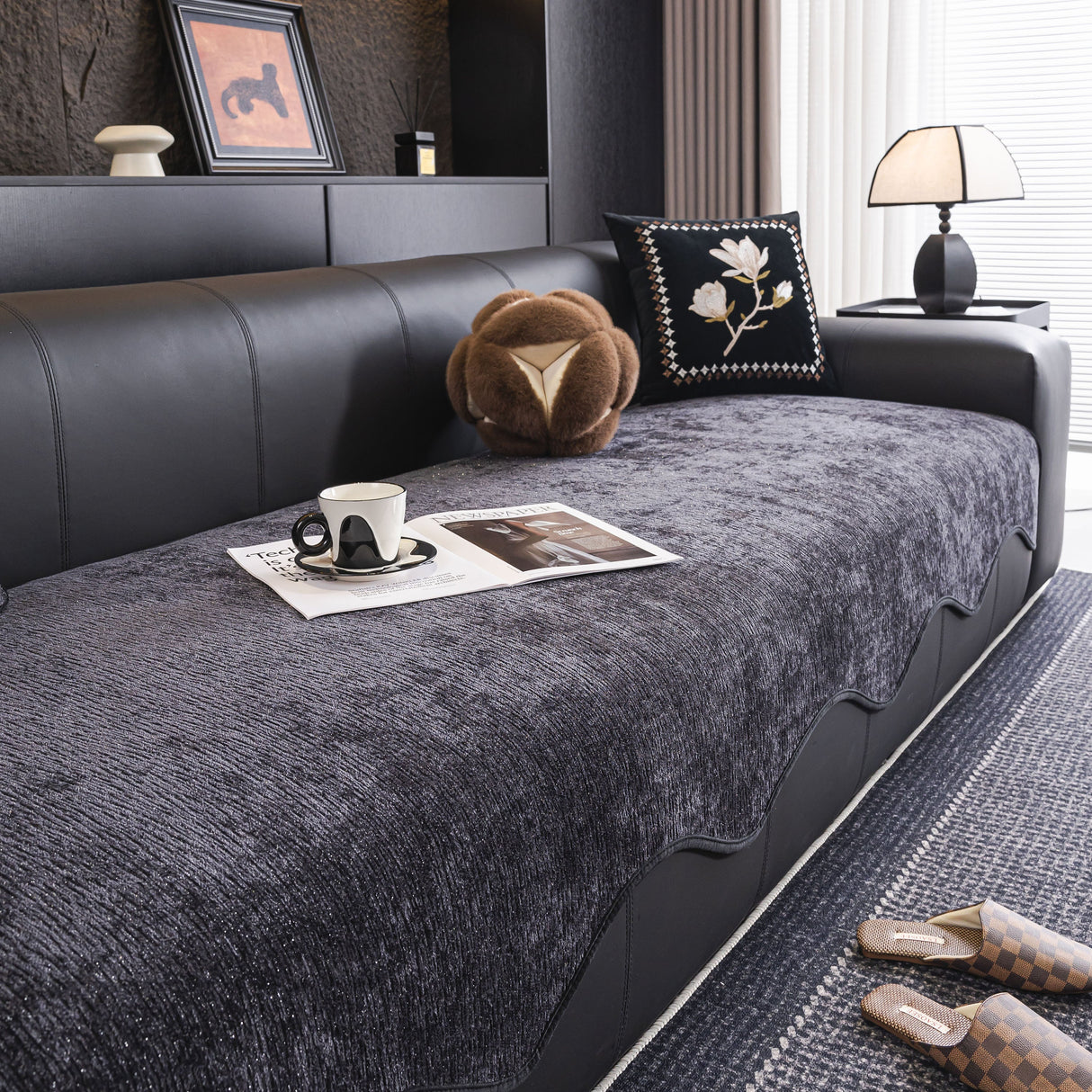 Chenille Couch Cover with Scalloped Edge, Non-Slip Modular Slipcover Sectional