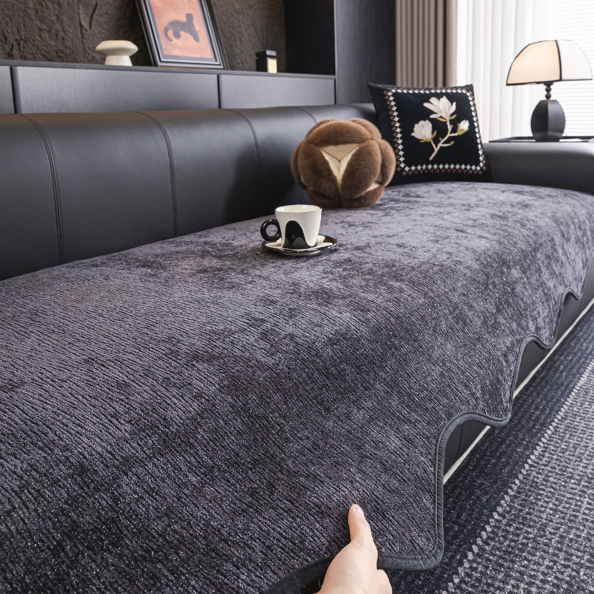 Chenille Couch Cover with Scalloped Edge, Non-Slip Modular Slipcover Sectional