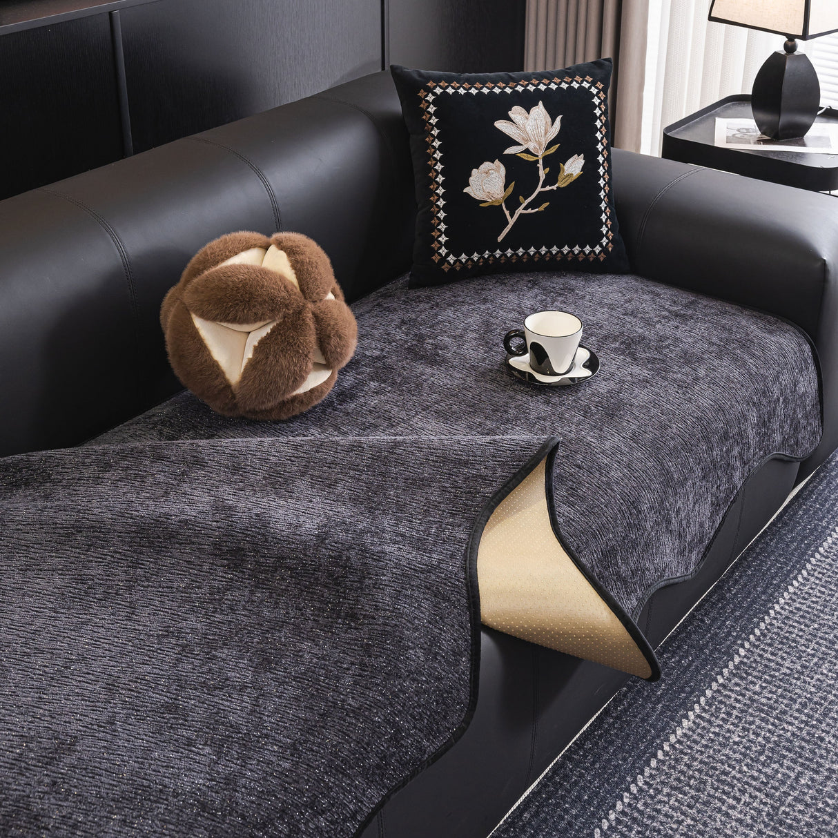 Chenille Couch Cover with Scalloped Edge, Non-Slip Modular Slipcover Sectional