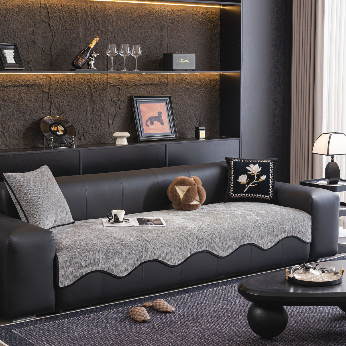 Chenille Couch Cover with Scalloped Edge, Non-Slip Modular Slipcover Sectional