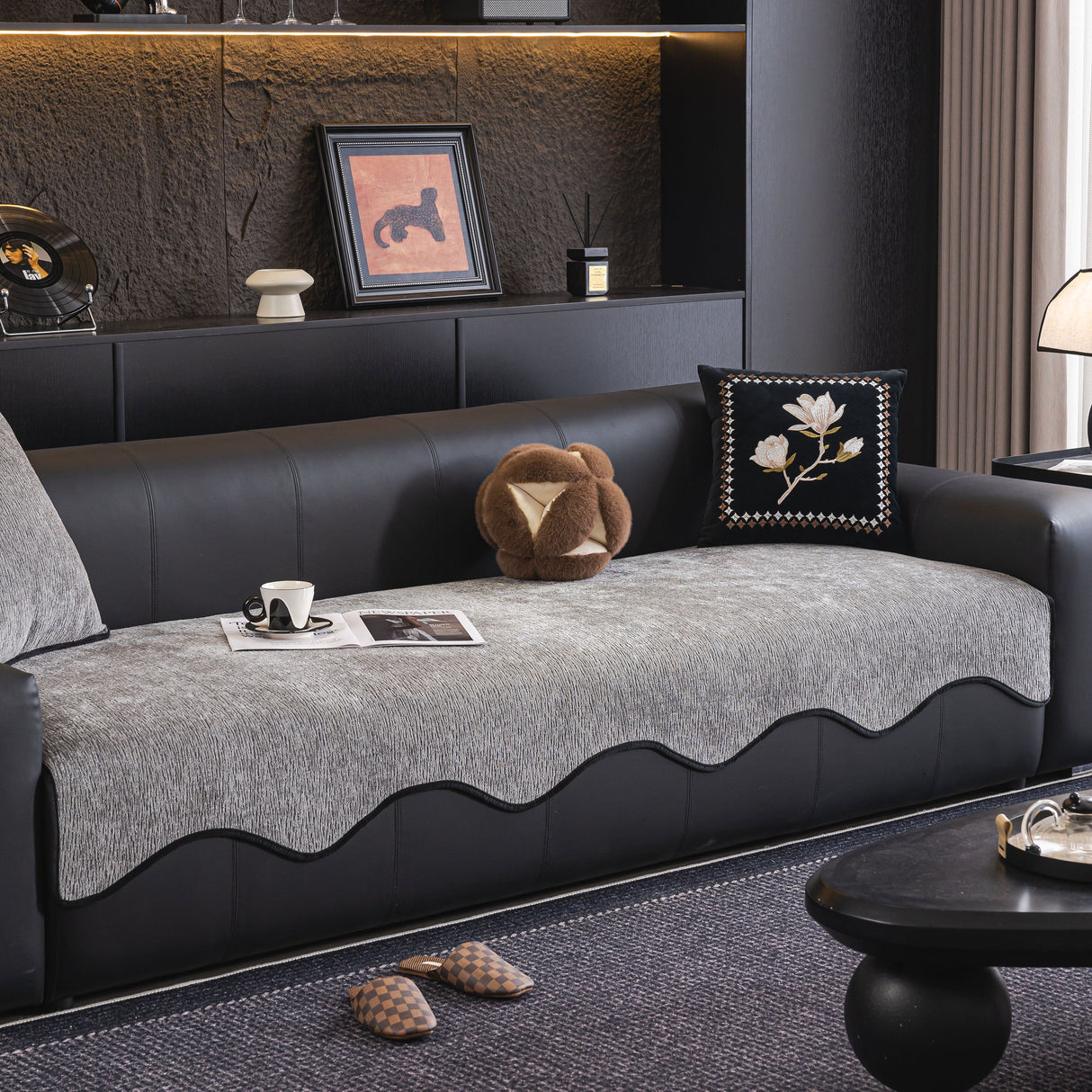 Chenille Couch Cover with Scalloped Edge, Non-Slip Modular Slipcover Sectional