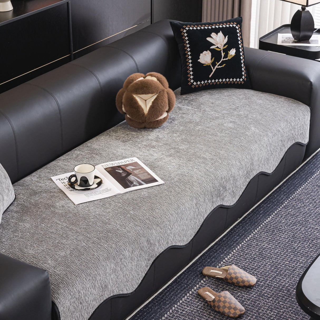 Chenille Couch Cover with Scalloped Edge, Non-Slip Modular Slipcover Sectional