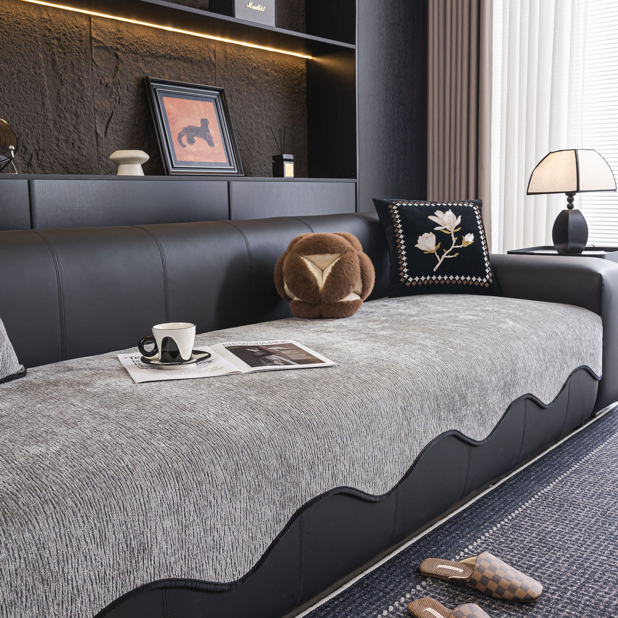 Chenille Couch Cover with Scalloped Edge, Non-Slip Modular Slipcover Sectional