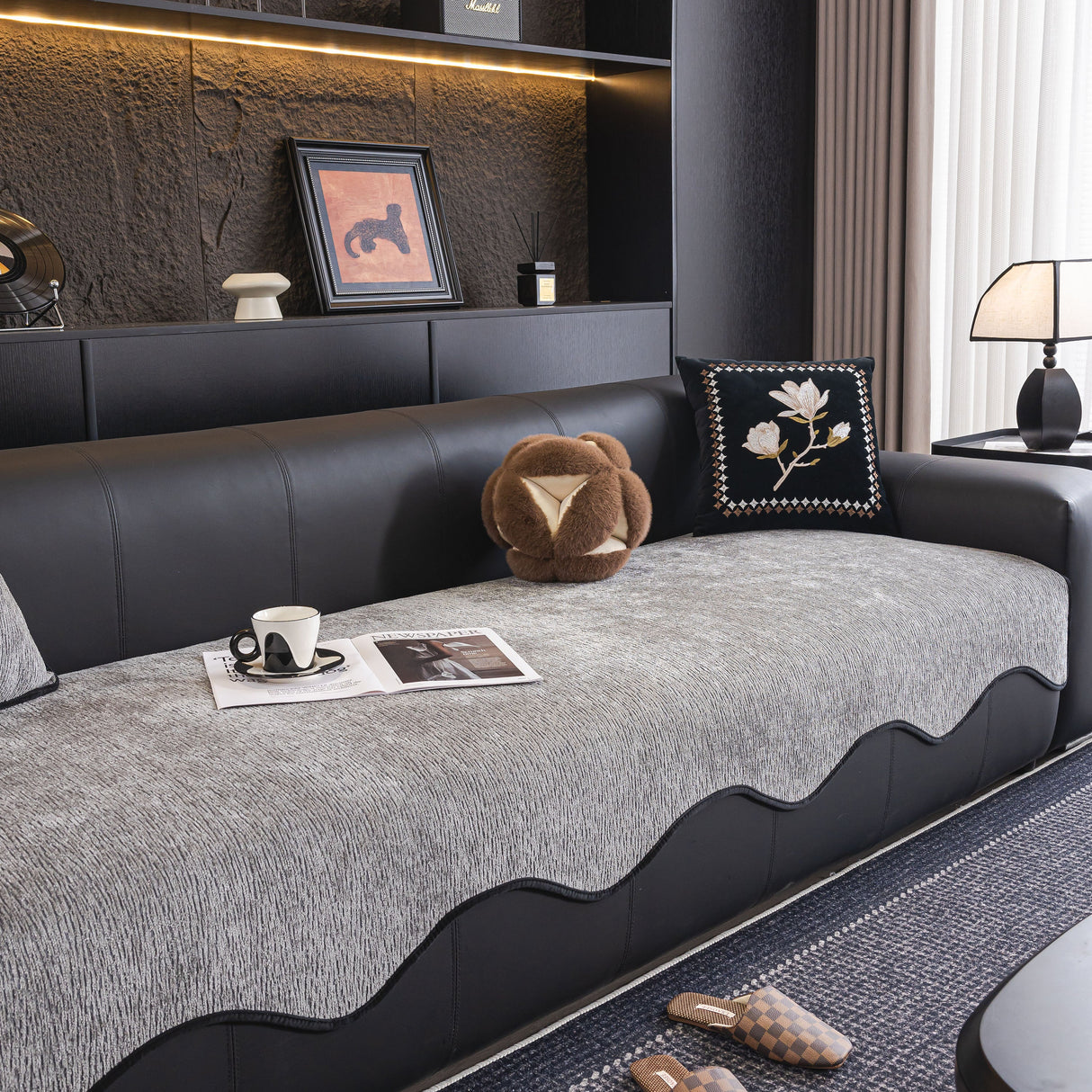 Chenille Couch Cover with Scalloped Edge, Non-Slip Modular Slipcover Sectional