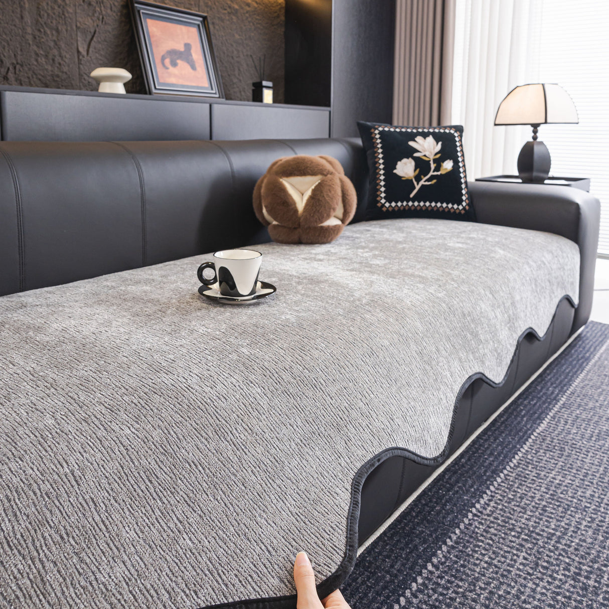 Chenille Couch Cover with Scalloped Edge, Non-Slip Modular Slipcover Sectional