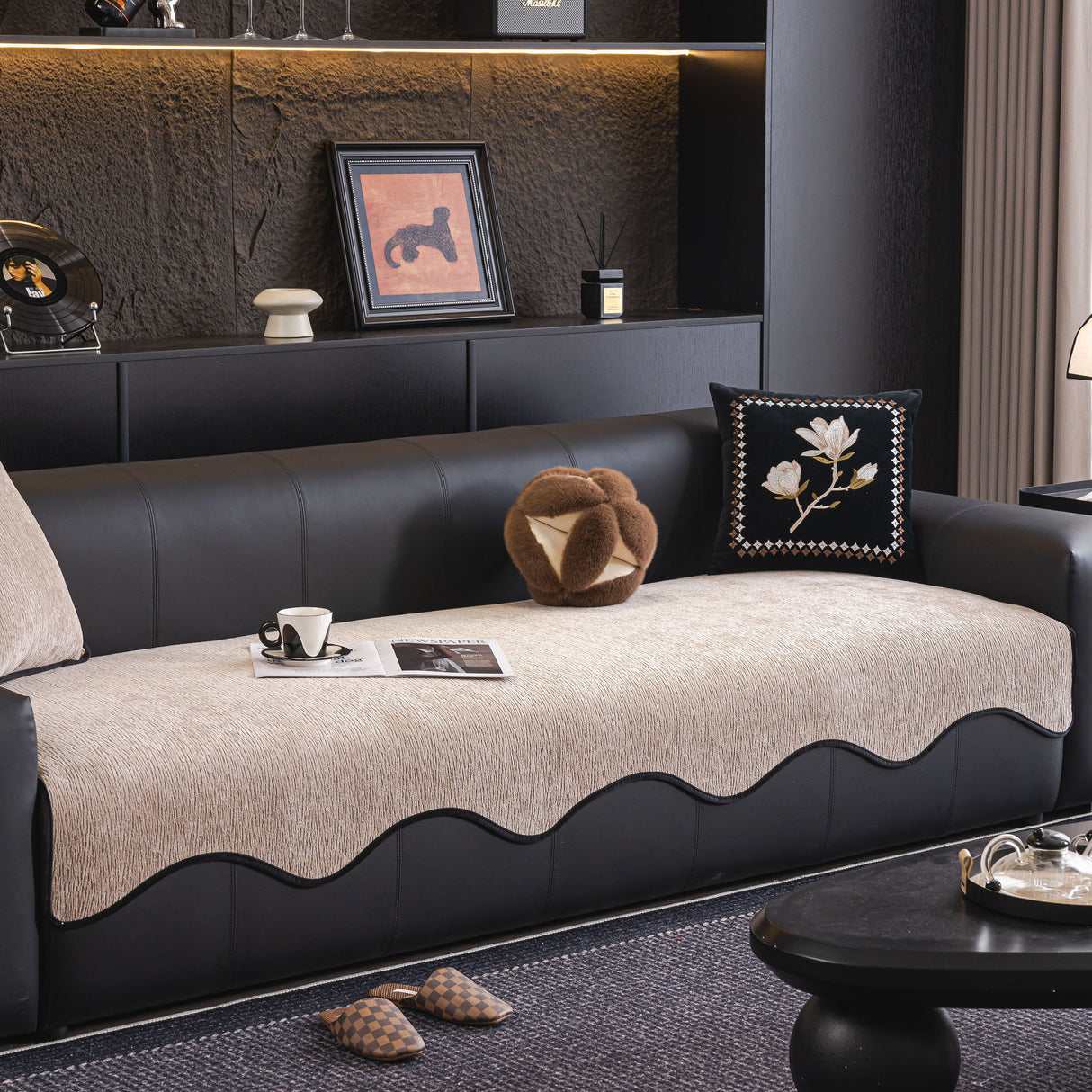 Chenille Couch Cover with Scalloped Edge, Non-Slip Modular Slipcover Sectional