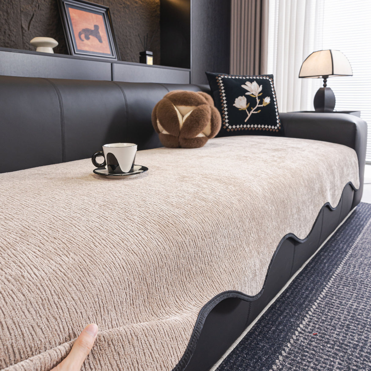 Chenille Couch Cover with Scalloped Edge, Non-Slip Modular Slipcover Sectional