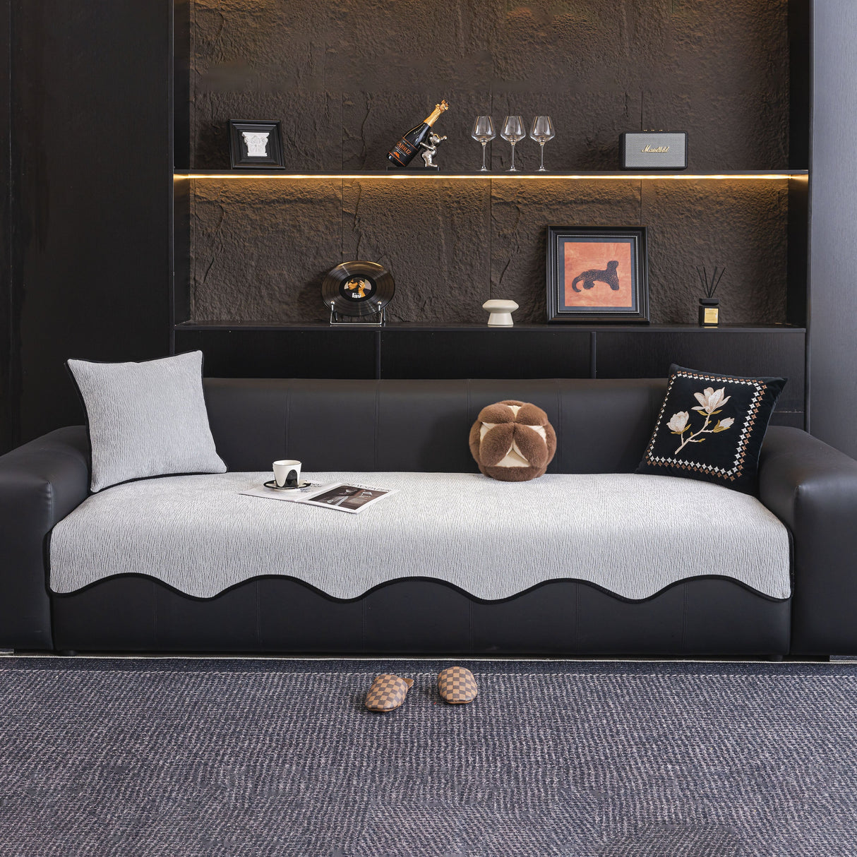 Chenille Couch Cover with Scalloped Edge, Non-Slip Modular Slipcover Sectional