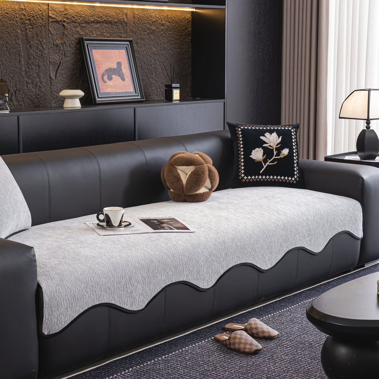 Chenille Couch Cover with Scalloped Edge, Non-Slip Modular Slipcover Sectional