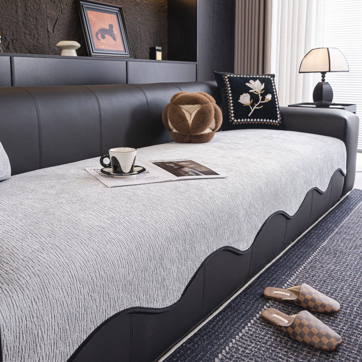 Chenille Couch Cover with Scalloped Edge, Non-Slip Modular Slipcover Sectional