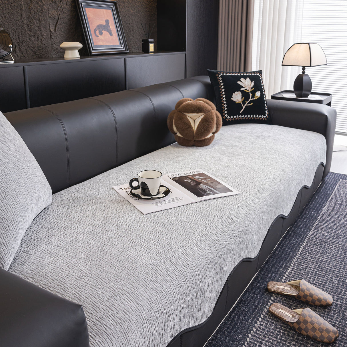 Chenille Couch Cover with Scalloped Edge, Non-Slip Modular Slipcover Sectional