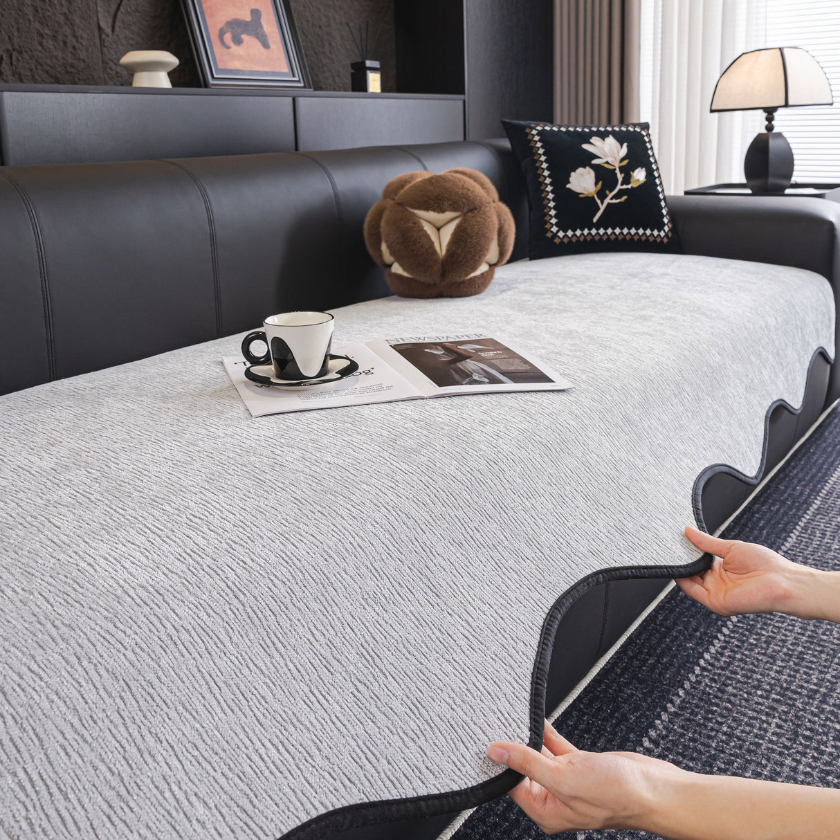 Chenille Couch Cover with Scalloped Edge, Non-Slip Modular Slipcover Sectional