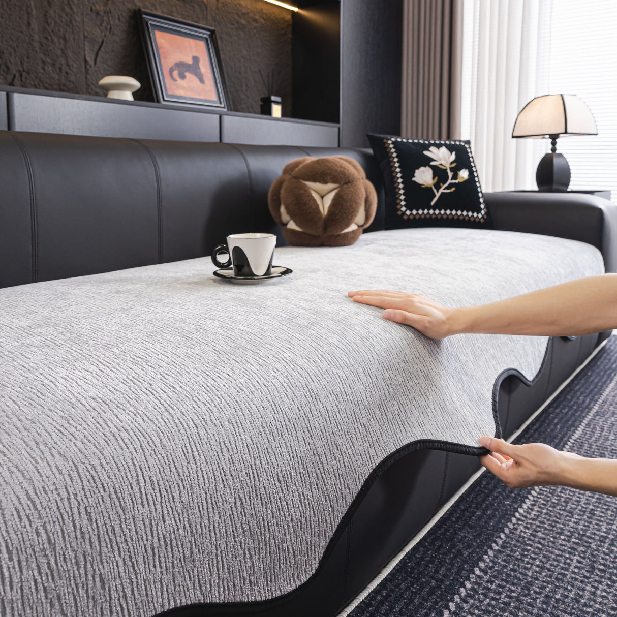 Chenille Couch Cover with Scalloped Edge, Non-Slip Modular Slipcover Sectional