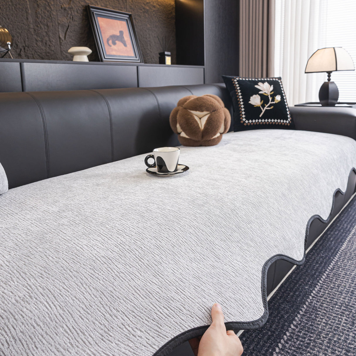 Chenille Couch Cover with Scalloped Edge, Non-Slip Modular Slipcover Sectional