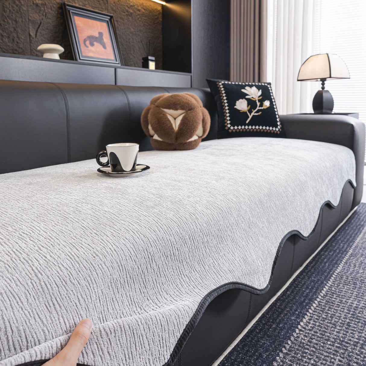 Chenille Couch Cover with Scalloped Edge, Non-Slip Modular Slipcover Sectional