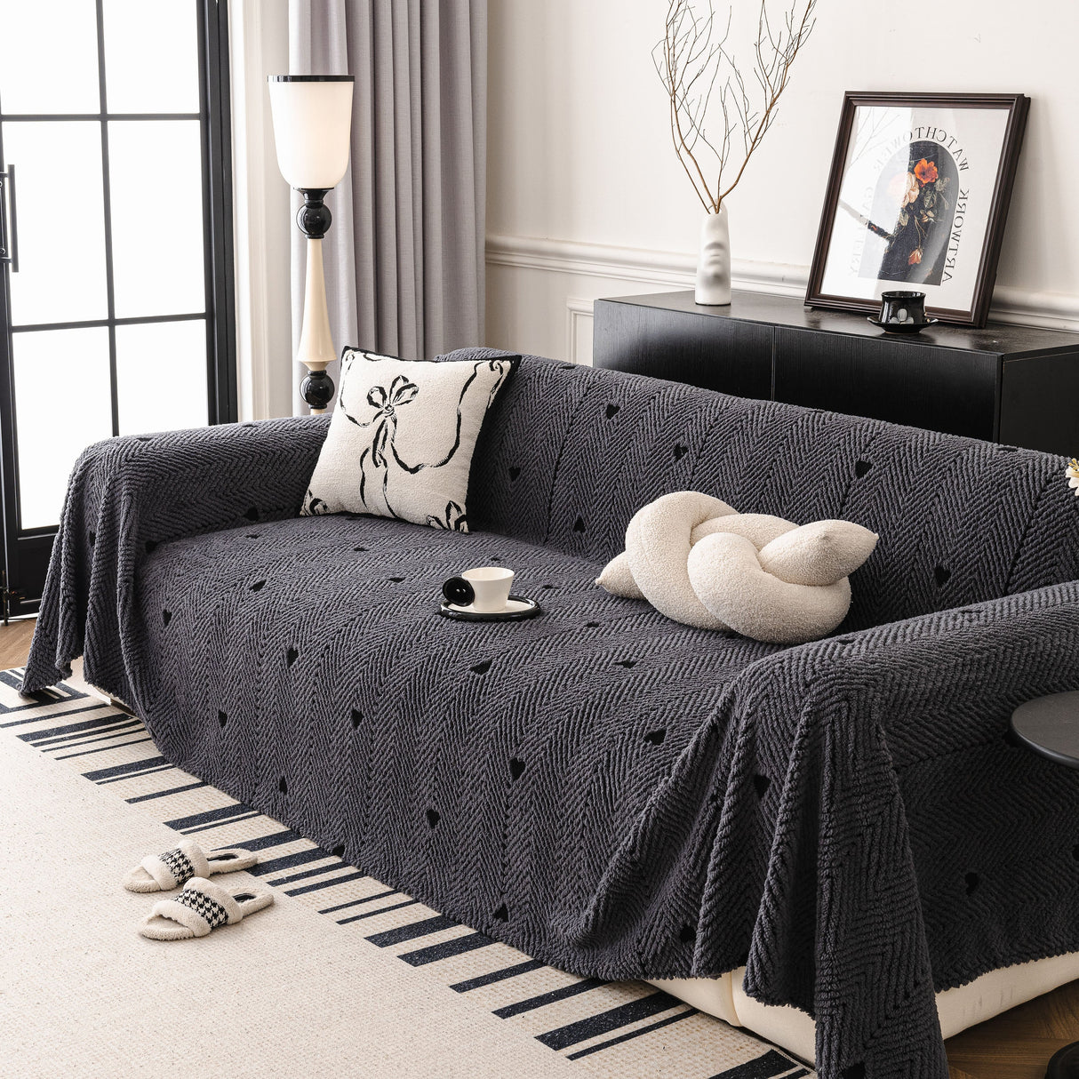 Thick Plush Sofa Cover Throw for Couch, 3D Textured Herringbone Washable Slipcover