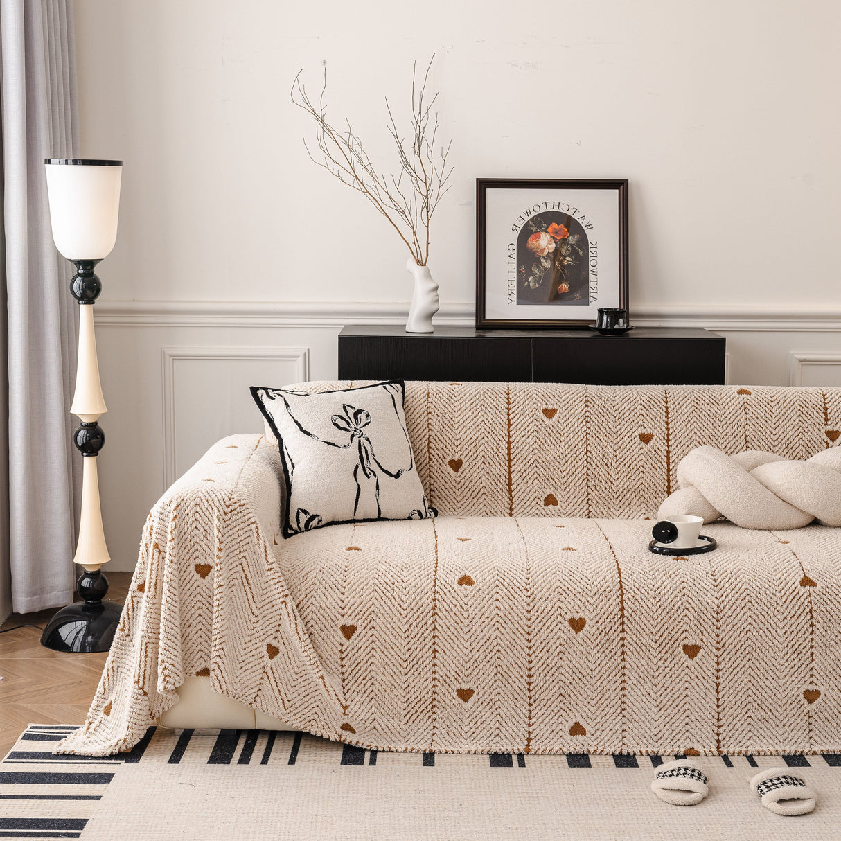 Thick Plush Sofa Cover Throw for Couch, 3D Textured Herringbone Washable Slipcover