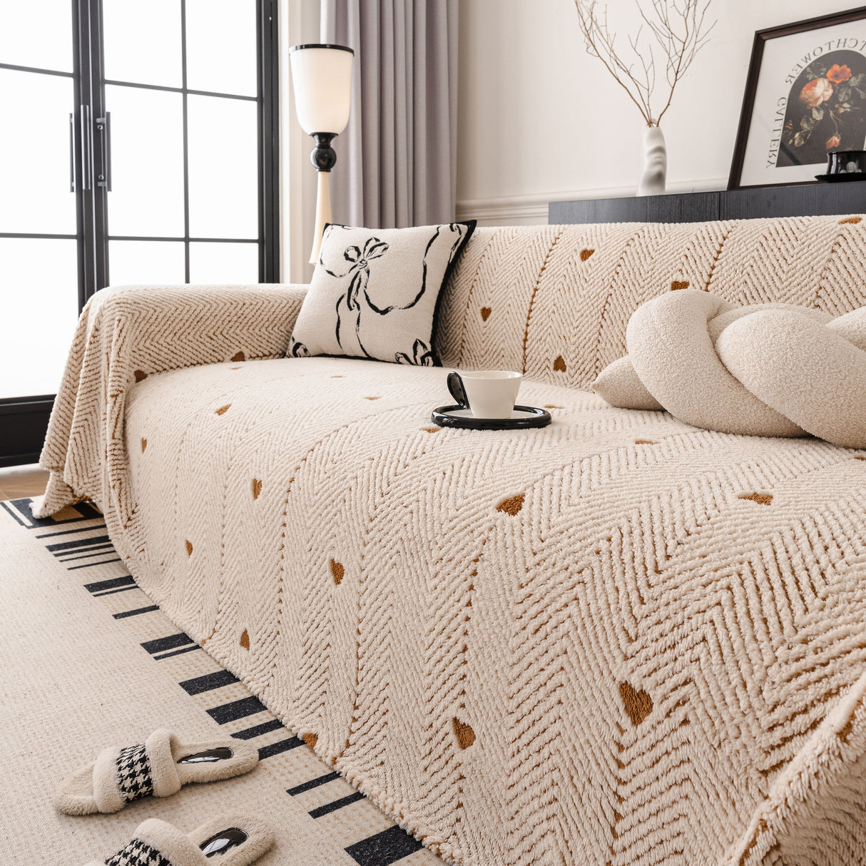 Thick Plush Sofa Cover Throw for Couch, 3D Textured Herringbone Washable Slipcover