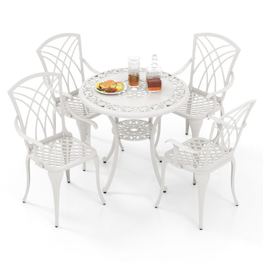 5 Piece Patio Bistro Table Chair Set with Umbrella Hole and Aluminum Frame-White