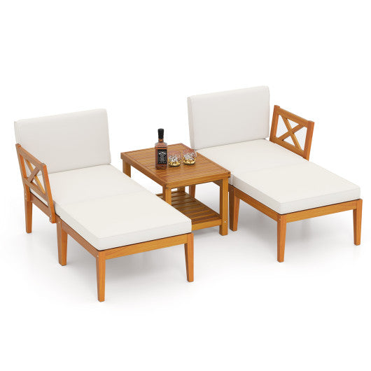 5 Pieces Acacia Wood Patio Chaise Lounge Chair Set with Ottoman and Cushions-White