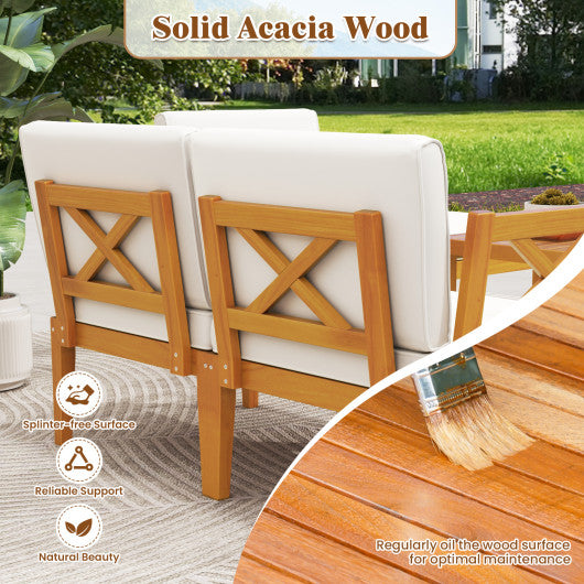 5 Pieces Acacia Wood Patio Furniture Set with 2-Tier Coffee Table and Cushions-White