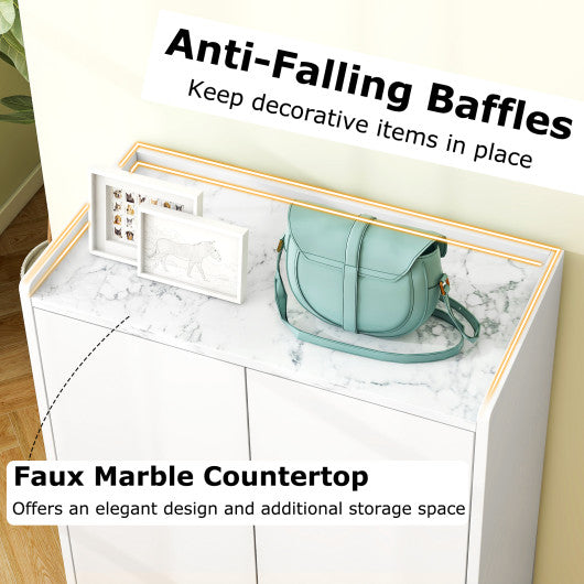 5-Tier Shoe Cabinet with Faux Marble Countertop and Flat Tilting Shelves-White