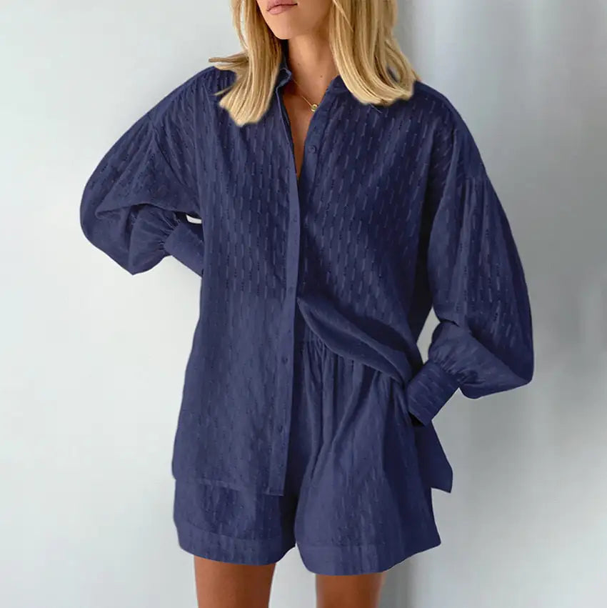 Lantern Sleeve Loose Shirt and Short Set 2 Piece Outfits