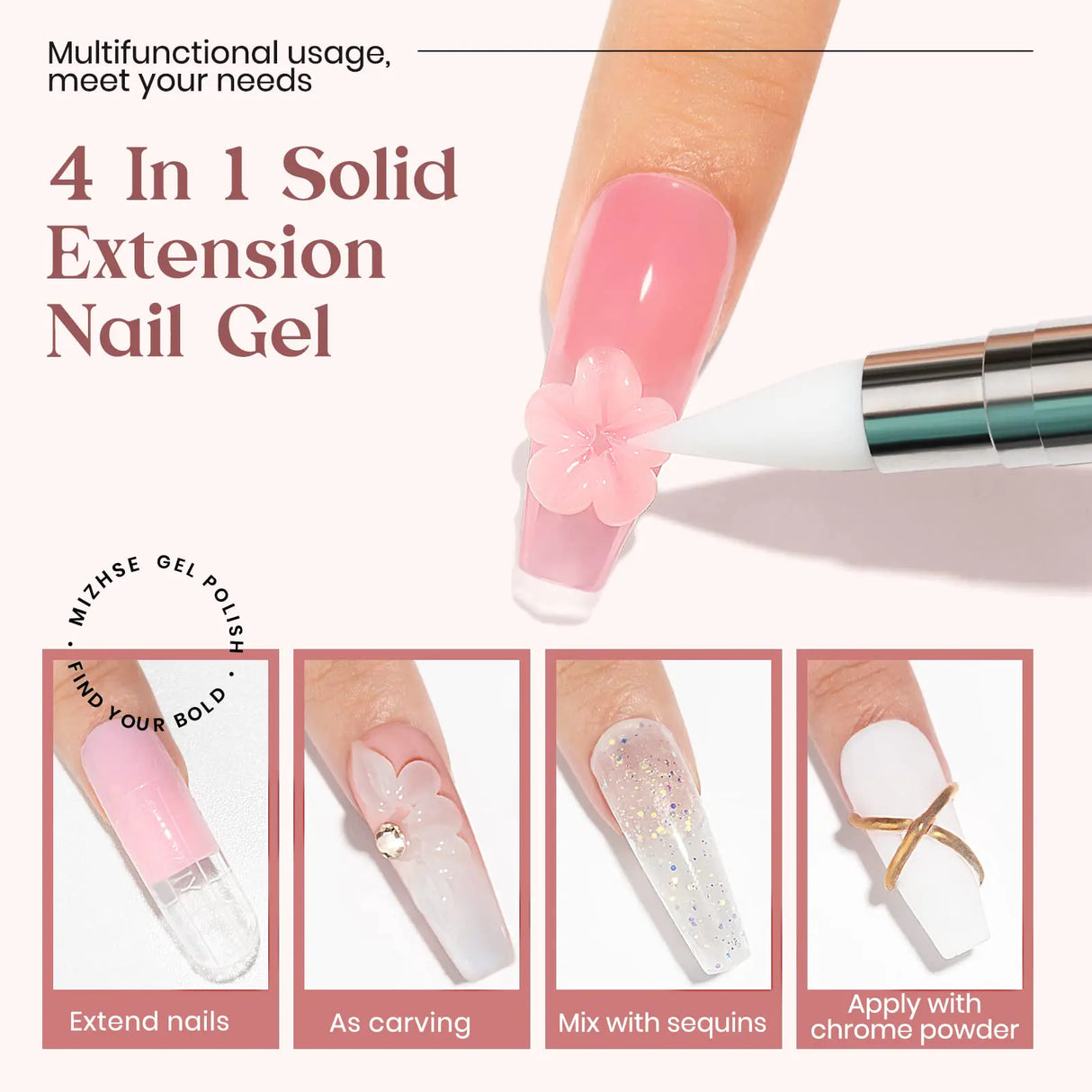 MIZHSE Solid Builder Gel, Nail Sculpture Gel Non-Sticky 4 Colors Nude Clear White Pink Hard Builder Gel Nails UV LED Nail Extension Gel For Nail Salon Home Manicure C-Classic Colors * 4