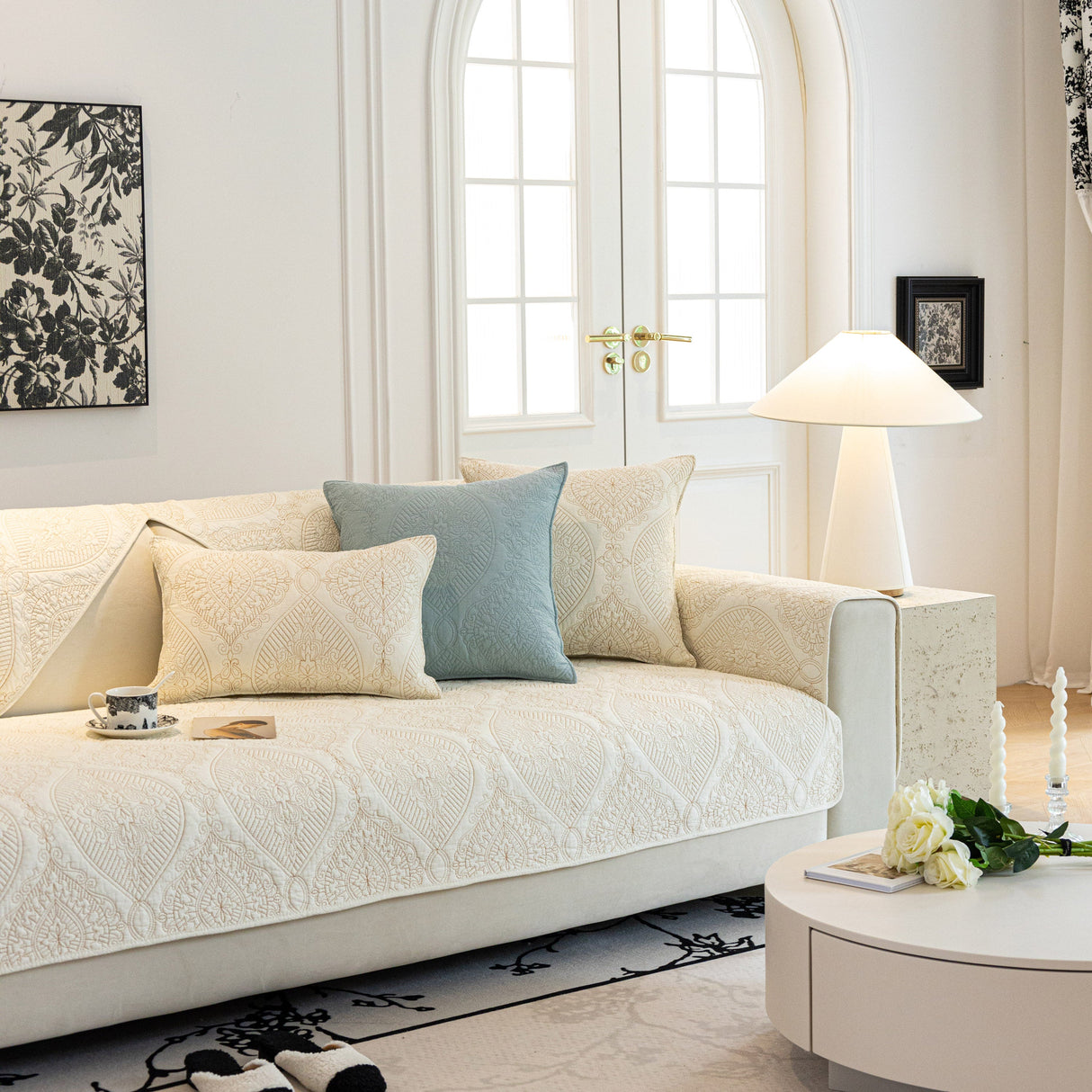 Baroque Sofa Cover – Quilted Cotton, Non-Slip, Washable with Ornate Embroidery