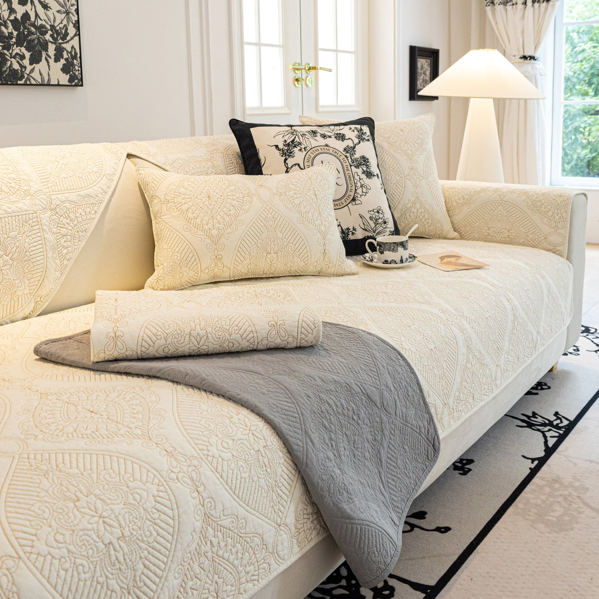 Baroque Sofa Cover – Quilted Cotton, Non-Slip, Washable with Ornate Embroidery