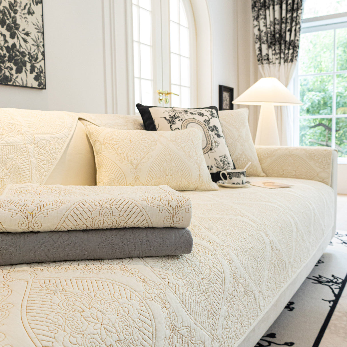 Baroque Sofa Cover – Quilted Cotton, Non-Slip, Washable with Ornate Embroidery