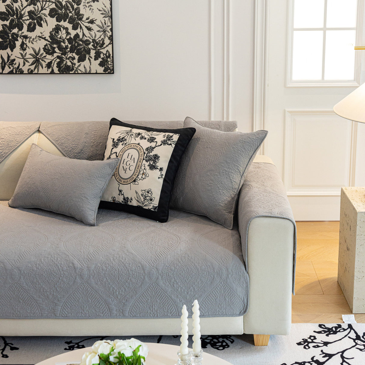 Baroque Sofa Cover – Quilted Cotton, Non-Slip, Washable with Ornate Embroidery