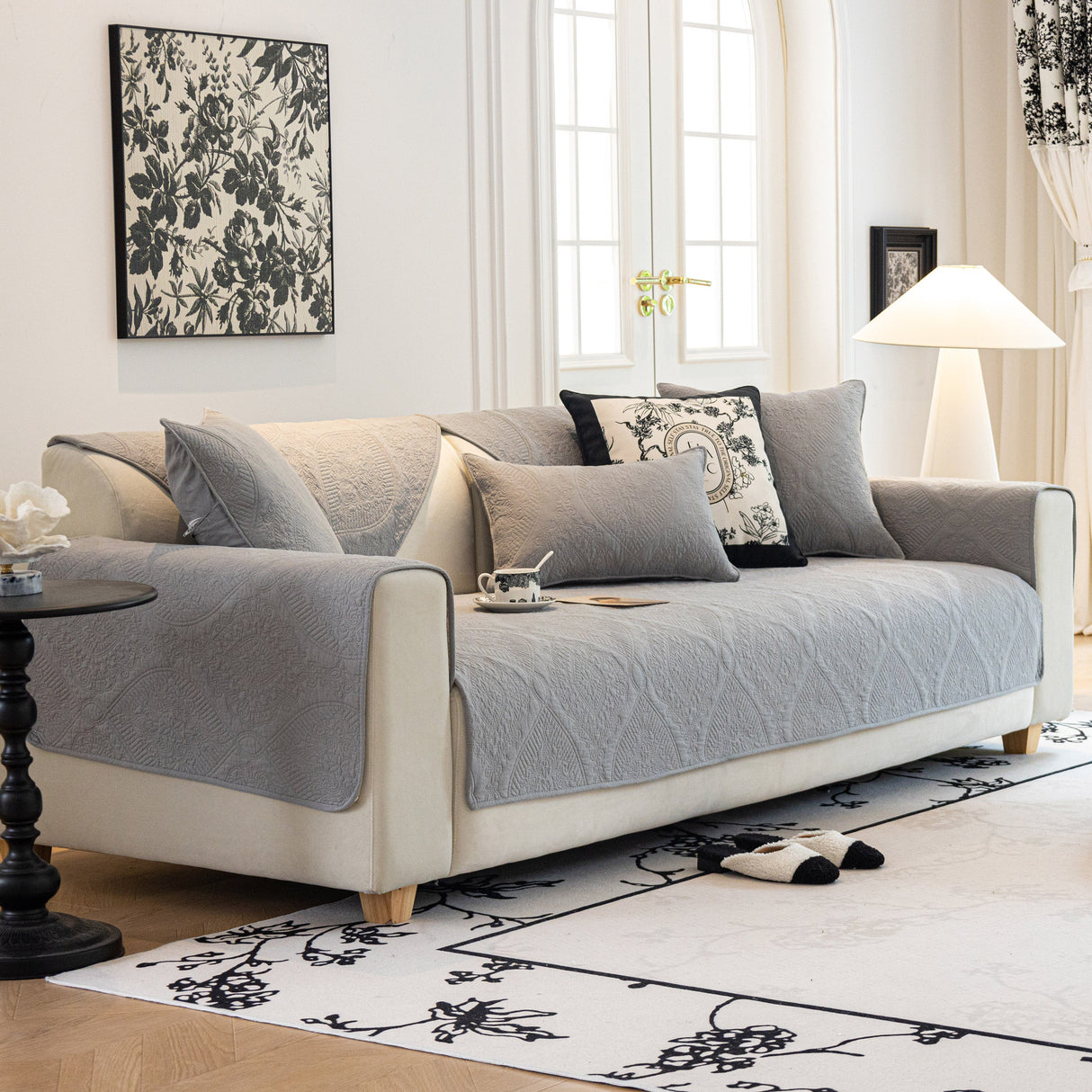 Baroque Sofa Cover – Quilted Cotton, Non-Slip, Washable with Ornate Embroidery