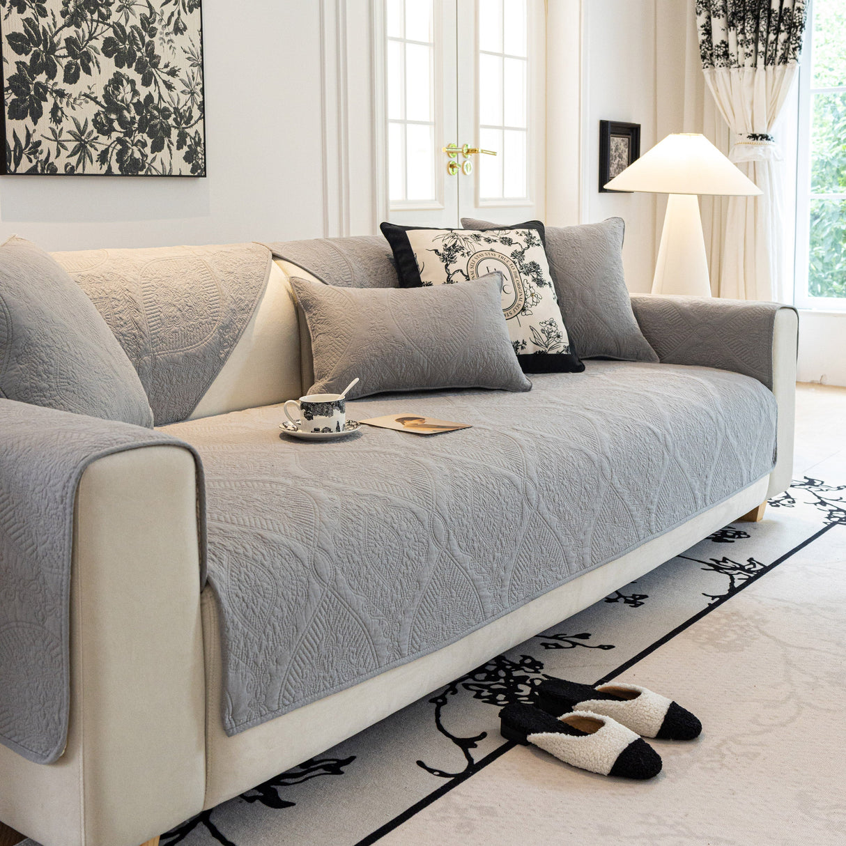 Baroque Sofa Cover – Quilted Cotton, Non-Slip, Washable with Ornate Embroidery