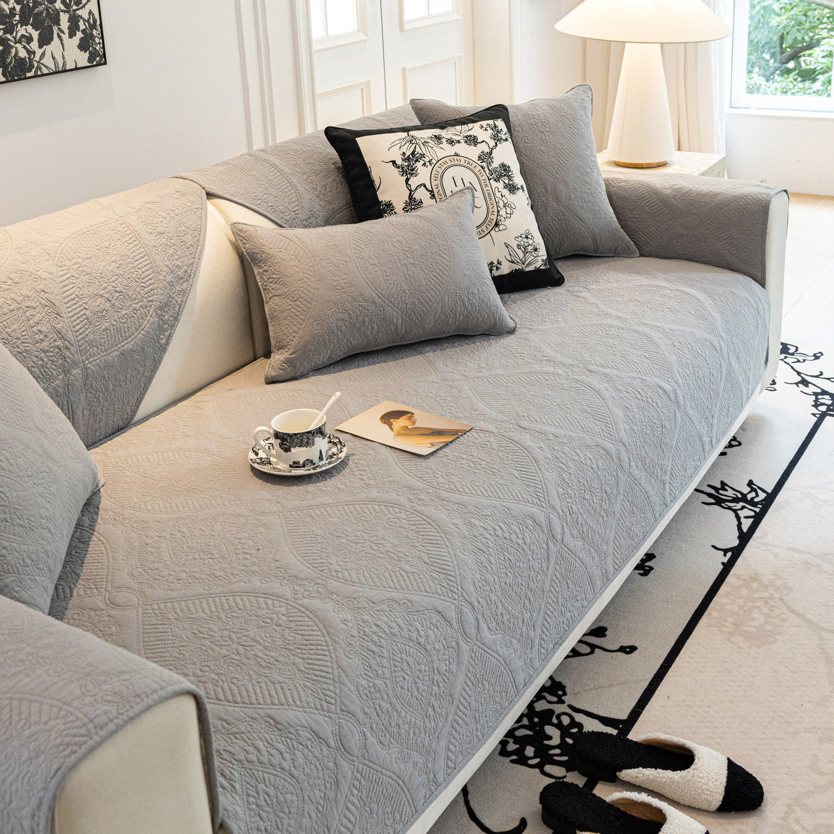 Baroque Sofa Cover – Quilted Cotton, Non-Slip, Washable with Ornate Embroidery