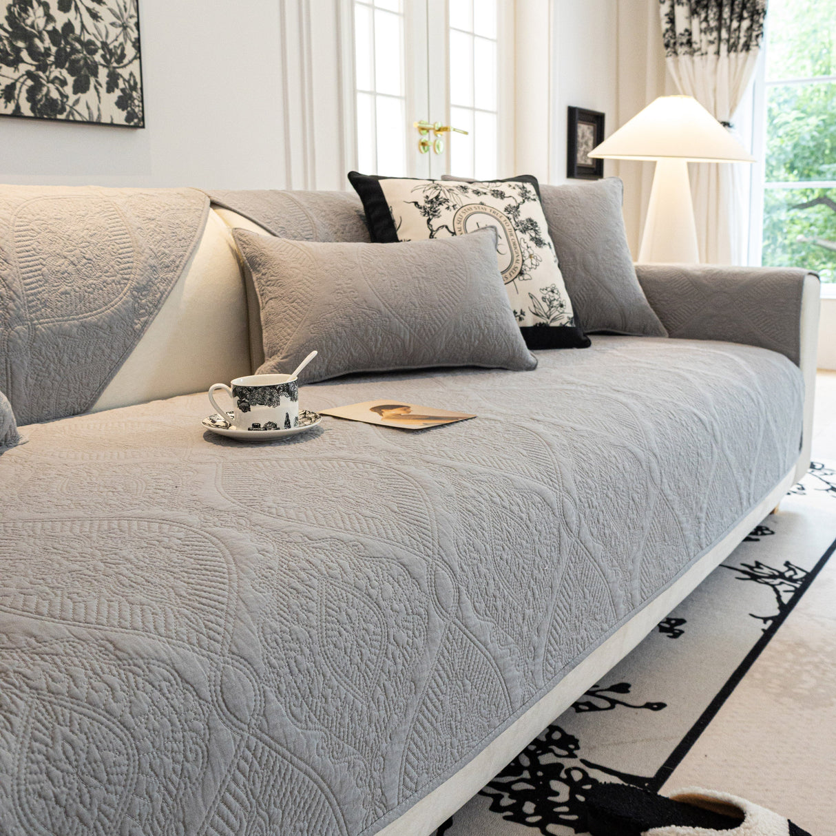 Baroque Sofa Cover – Quilted Cotton, Non-Slip, Washable with Ornate Embroidery