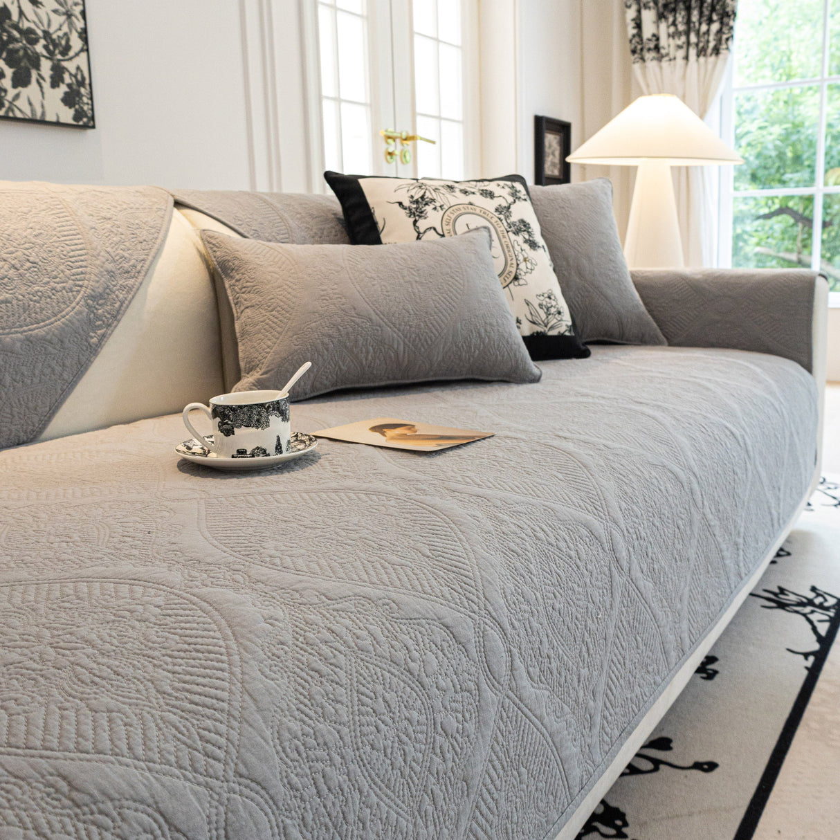 Baroque Sofa Cover – Quilted Cotton, Non-Slip, Washable with Ornate Embroidery