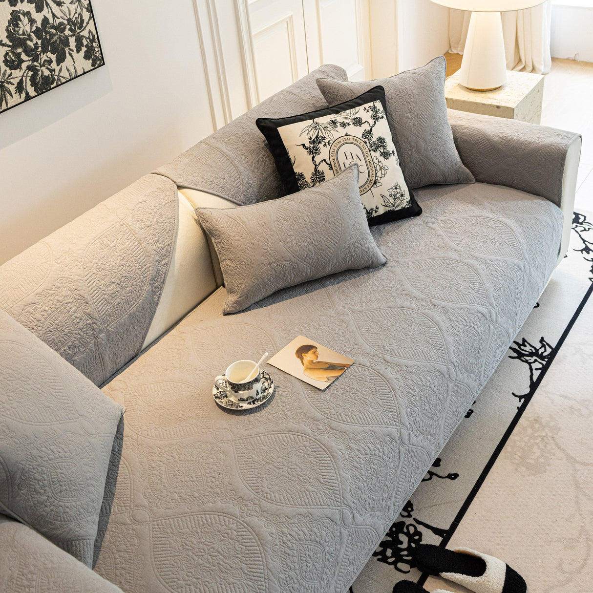 Baroque Sofa Cover – Quilted Cotton, Non-Slip, Washable with Ornate Embroidery