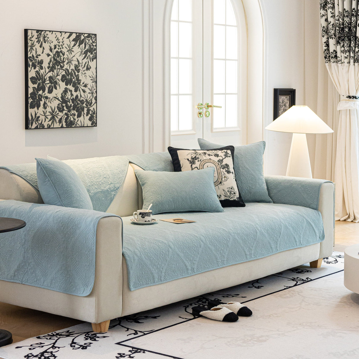 Baroque Sofa Cover – Quilted Cotton, Non-Slip, Washable with Ornate Embroidery