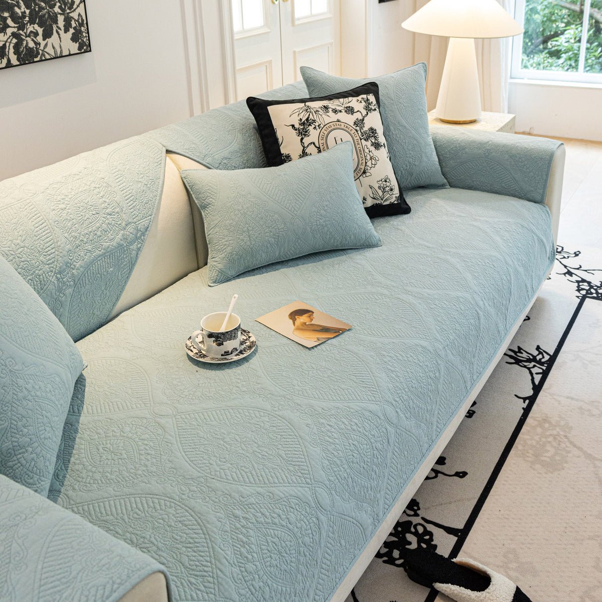 Baroque Sofa Cover – Quilted Cotton, Non-Slip, Washable with Ornate Embroidery