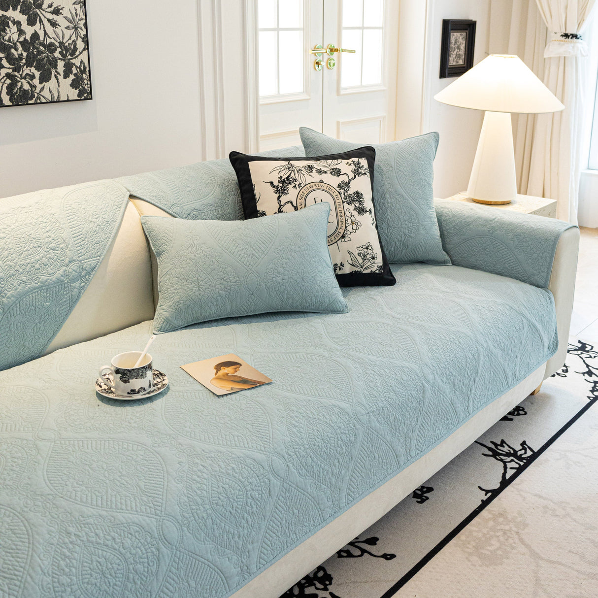 Baroque Sofa Cover – Quilted Cotton, Non-Slip, Washable with Ornate Embroidery