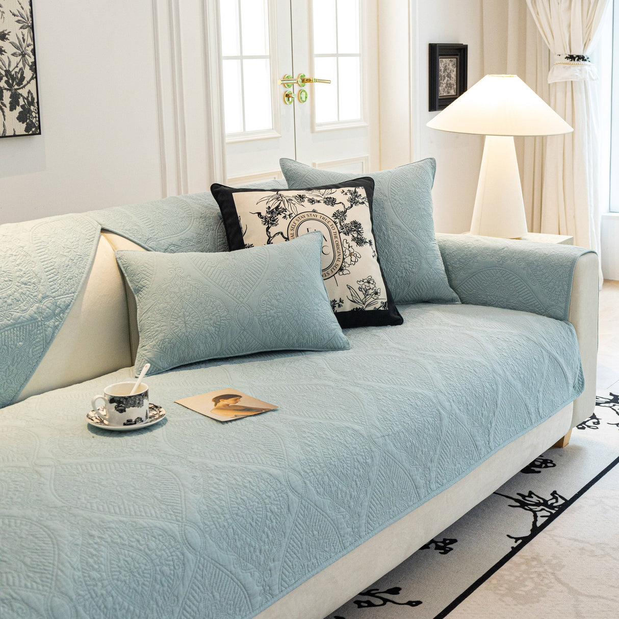 Baroque Sofa Cover – Quilted Cotton, Non-Slip, Washable with Ornate Embroidery