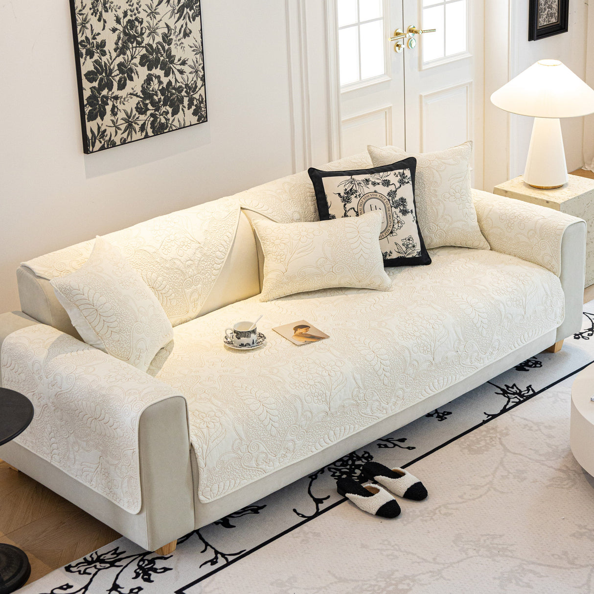 Baroque Floral Quilted Cotton Sofa Cover, Non-Slip Washable Couch Protector