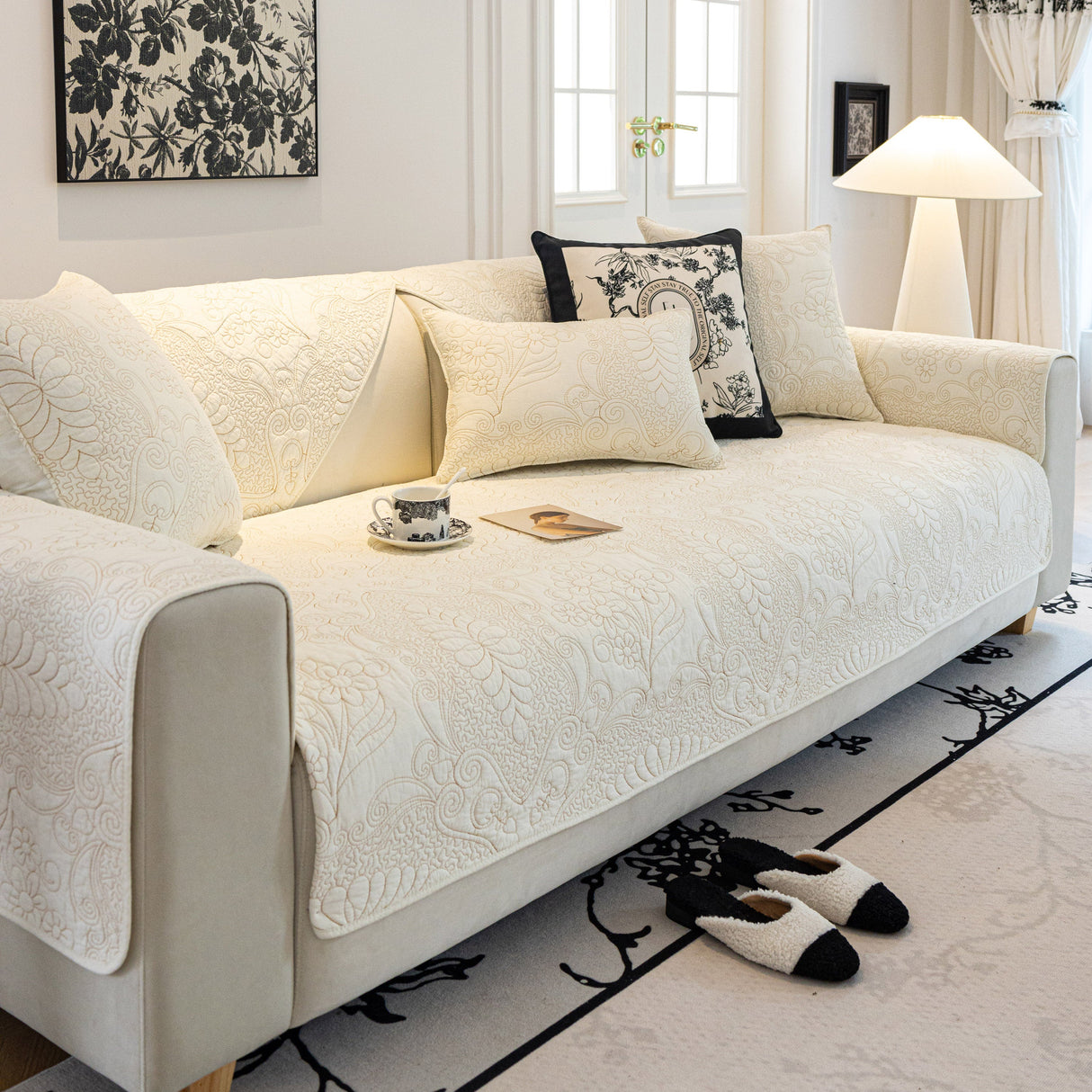 Baroque Floral Quilted Cotton Sofa Cover, Non-Slip Washable Couch Protector
